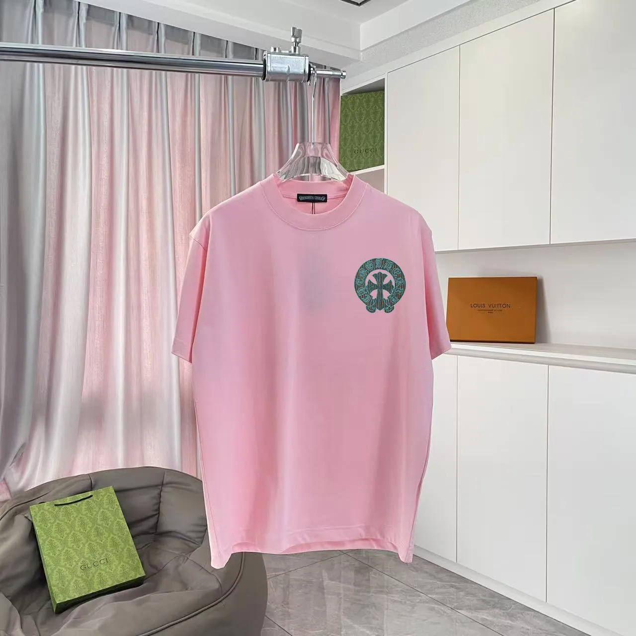 🅿️170 ch Crow*2025 summer new style Sanskrit cross horseshoe print short-sleeved T-shirt customized fabric 300g same style for men and women Size: S M L XL XXL five sizes Color: black white pink rose red iron gray